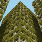 Tall building facade covered with green climbing plants against a blue sky.
